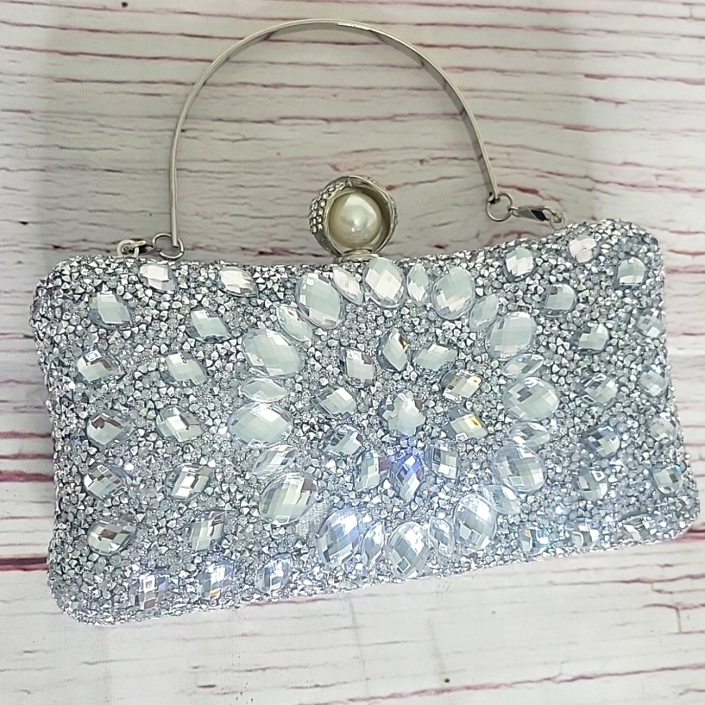 Elegant Silver Rhinestone Embellished Dress Bag.